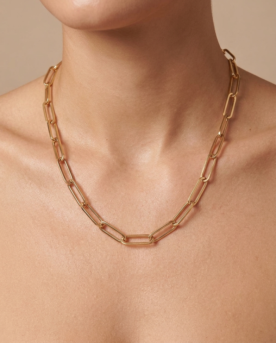 14KT Gold Paperclip Necklace on model