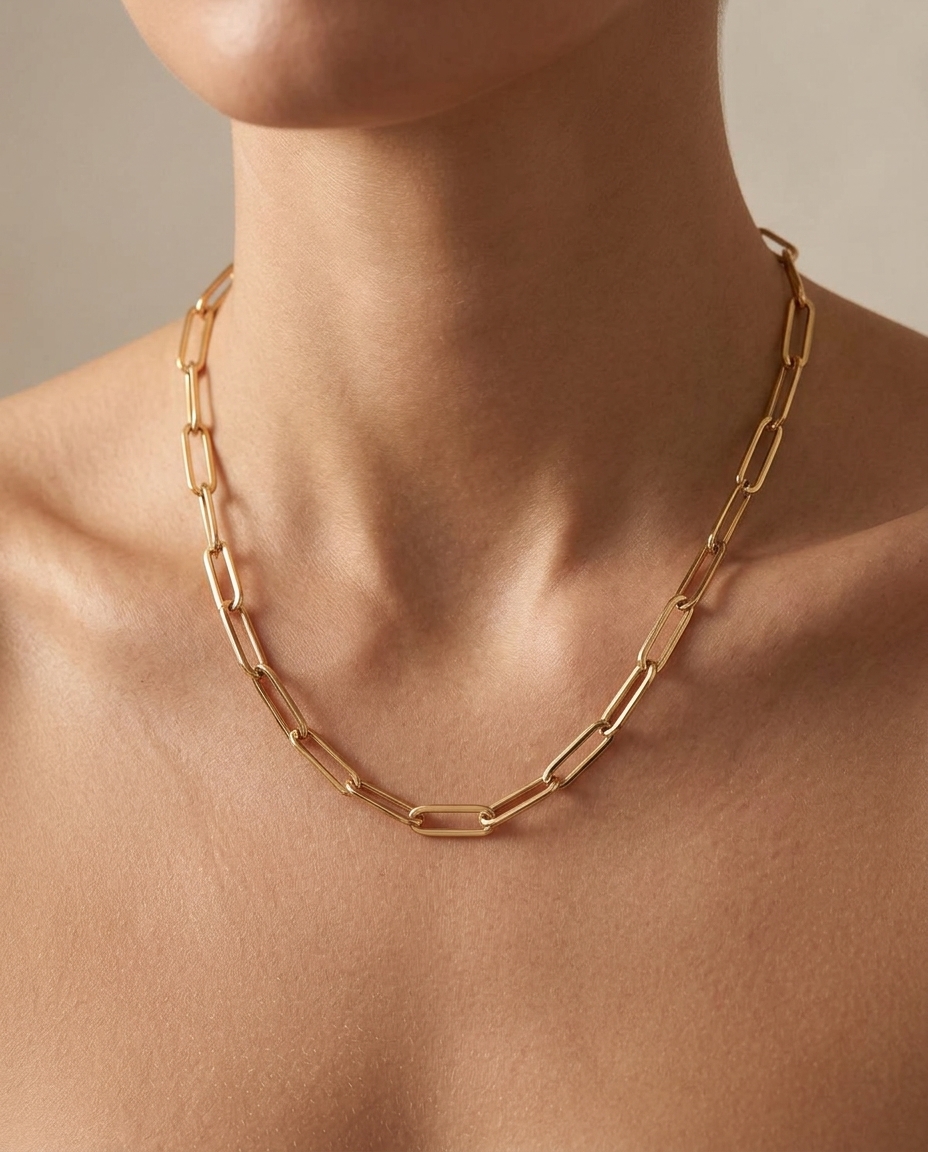14KT Gold Paperclip Necklace on model