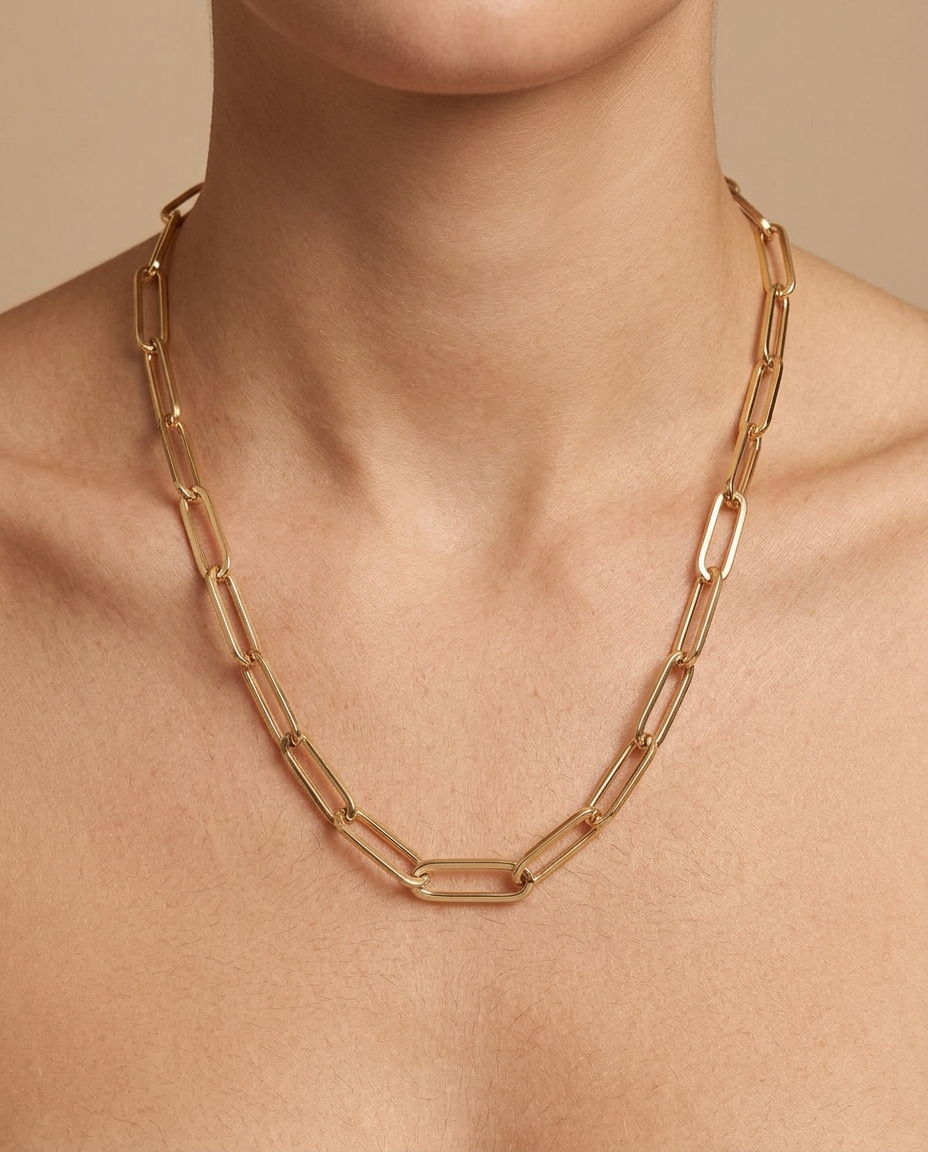 14KT Gold Paperclip Necklace on model