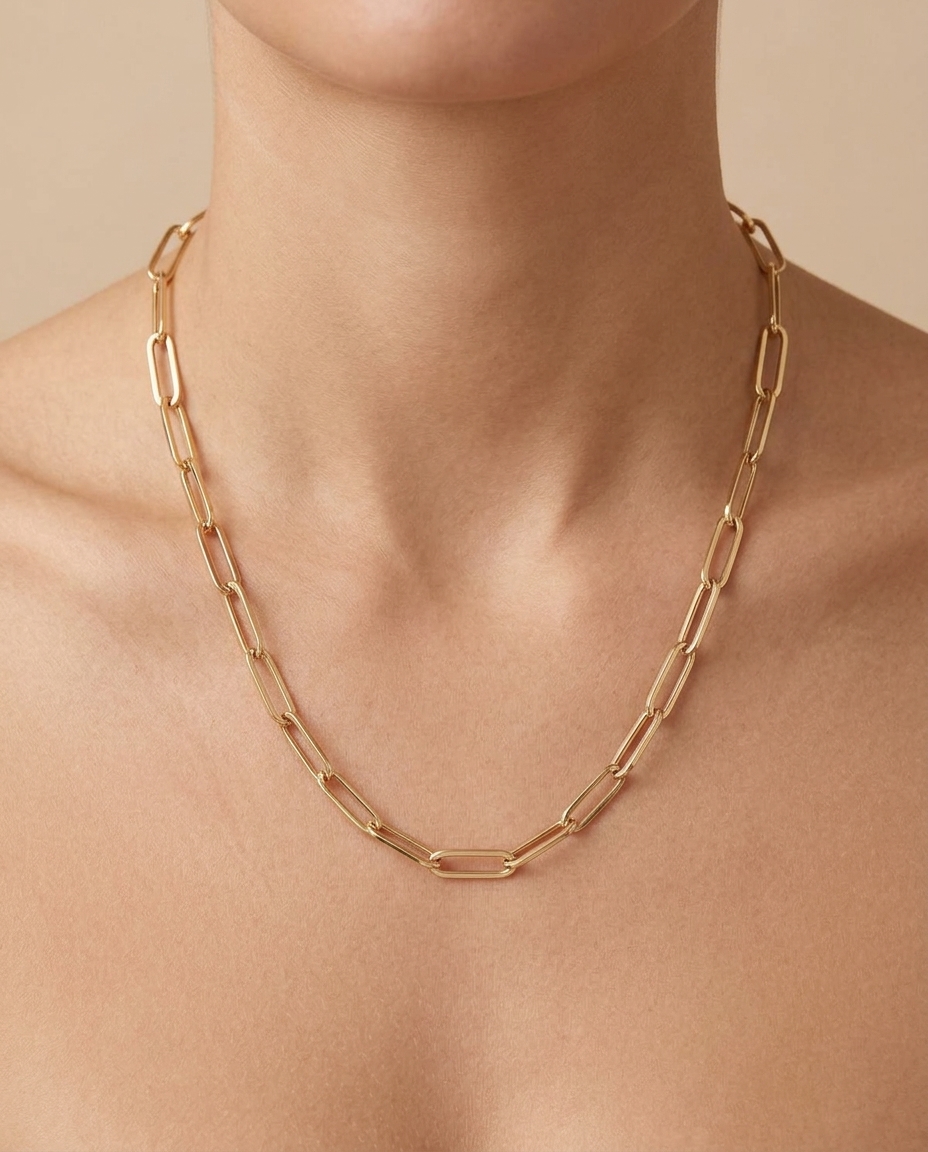 14KT Gold Paperclip Necklace on model