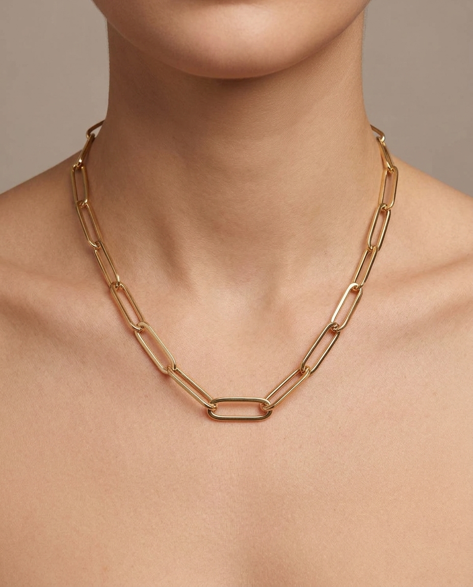 14KT Gold Paperclip Necklace on model