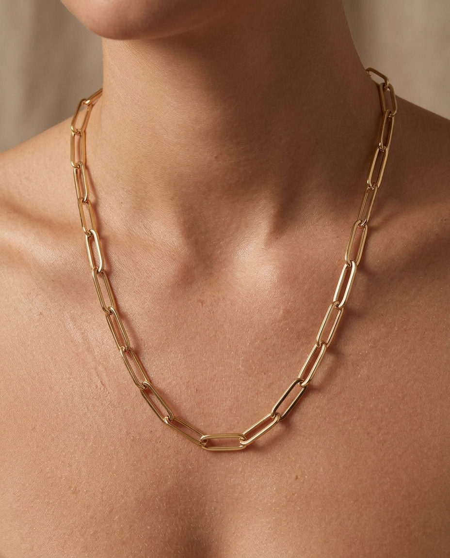 14KT Gold Paperclip Necklace on model