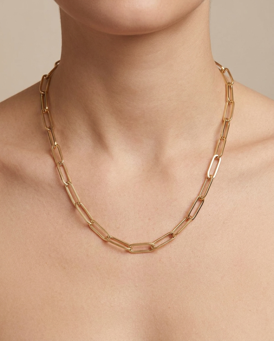 14KT Gold Paperclip Necklace on model