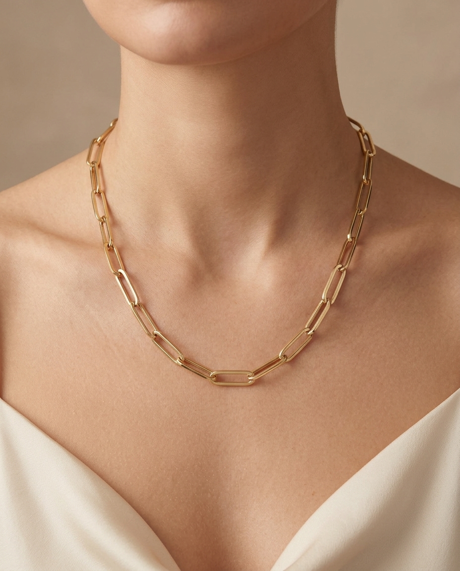 14KT Gold Paperclip Necklace on model
