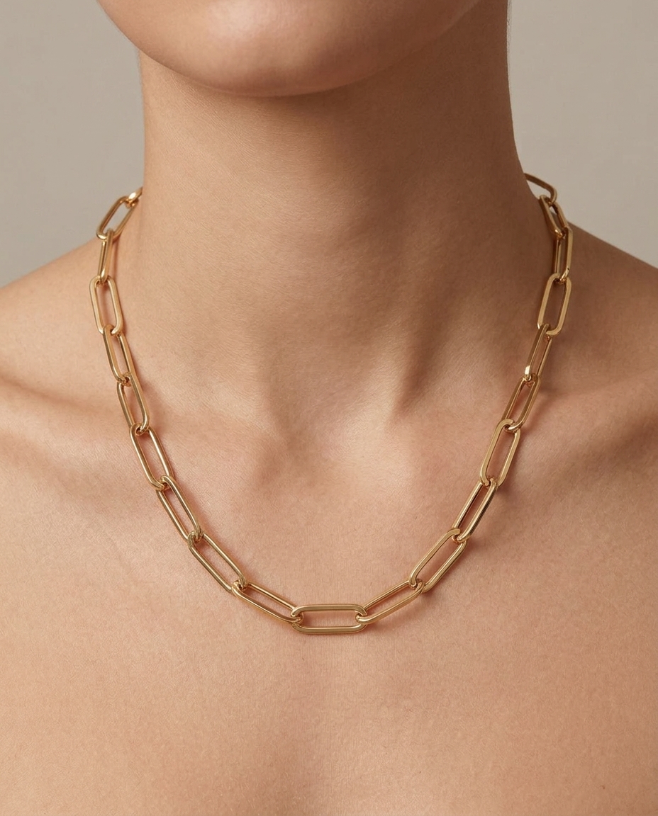 14KT Gold Paperclip Necklace on model