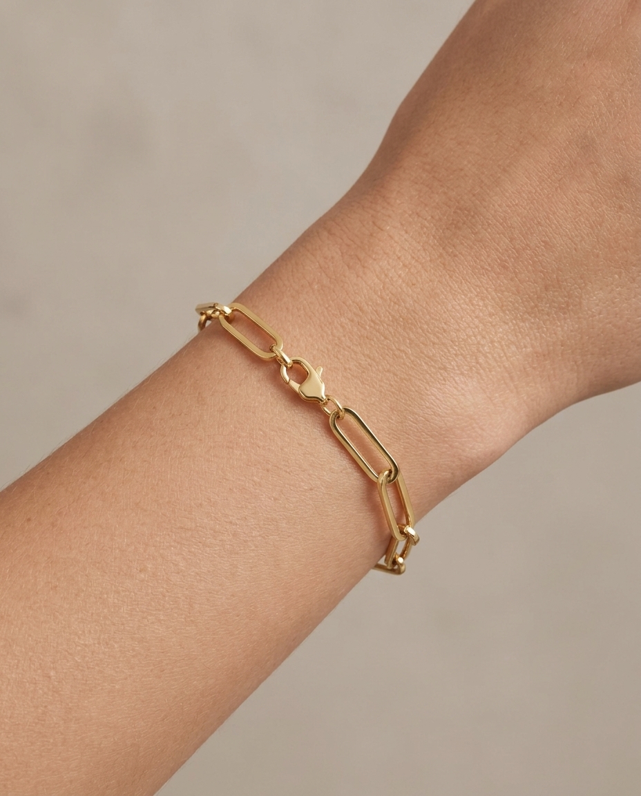 14KT Gold Paperclip Bracelet on model