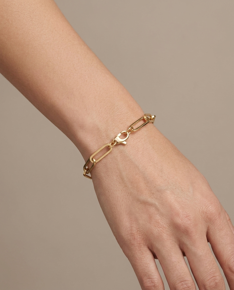 14KT Gold Paperclip Bracelet on model