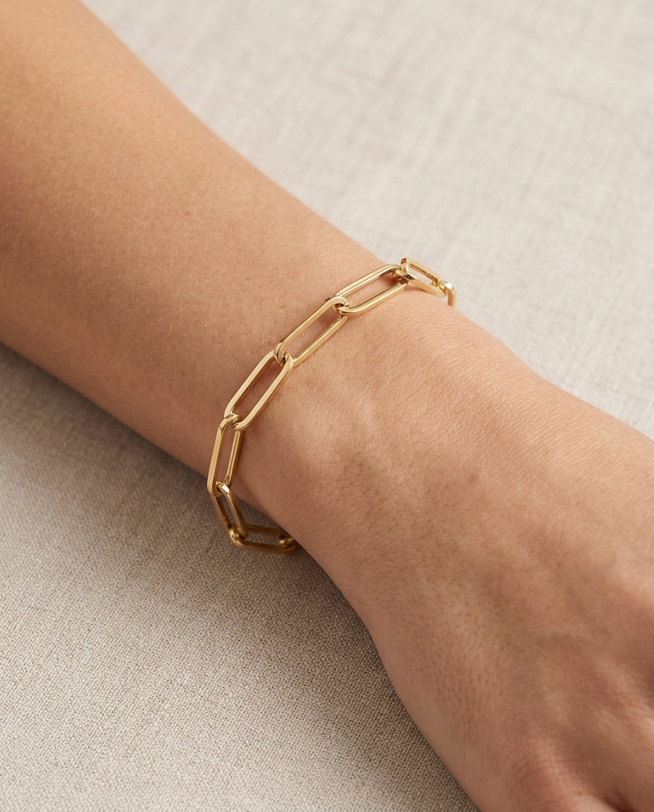 14KT Gold Paperclip Bracelet on model