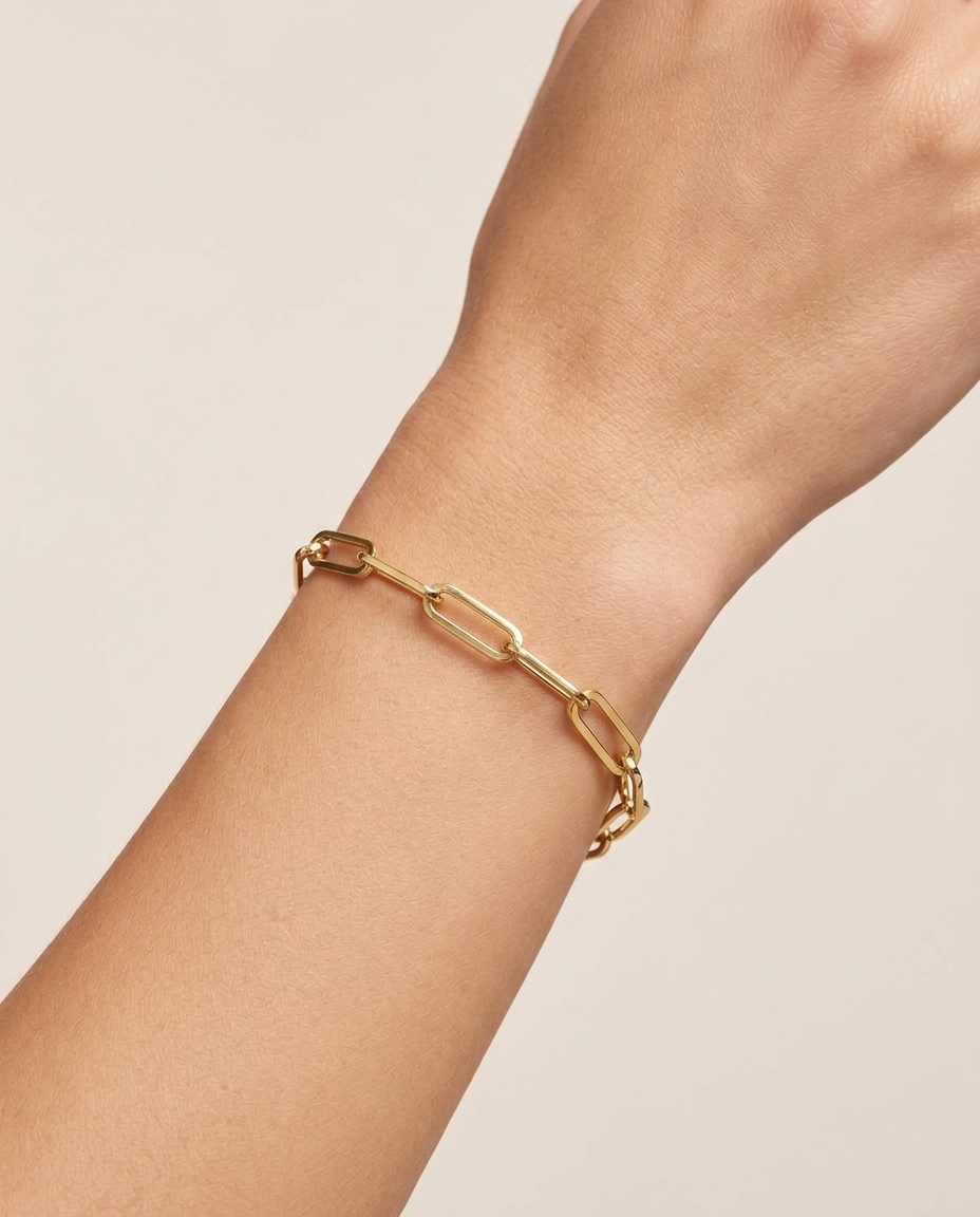 14KT Gold Paperclip Bracelet on model