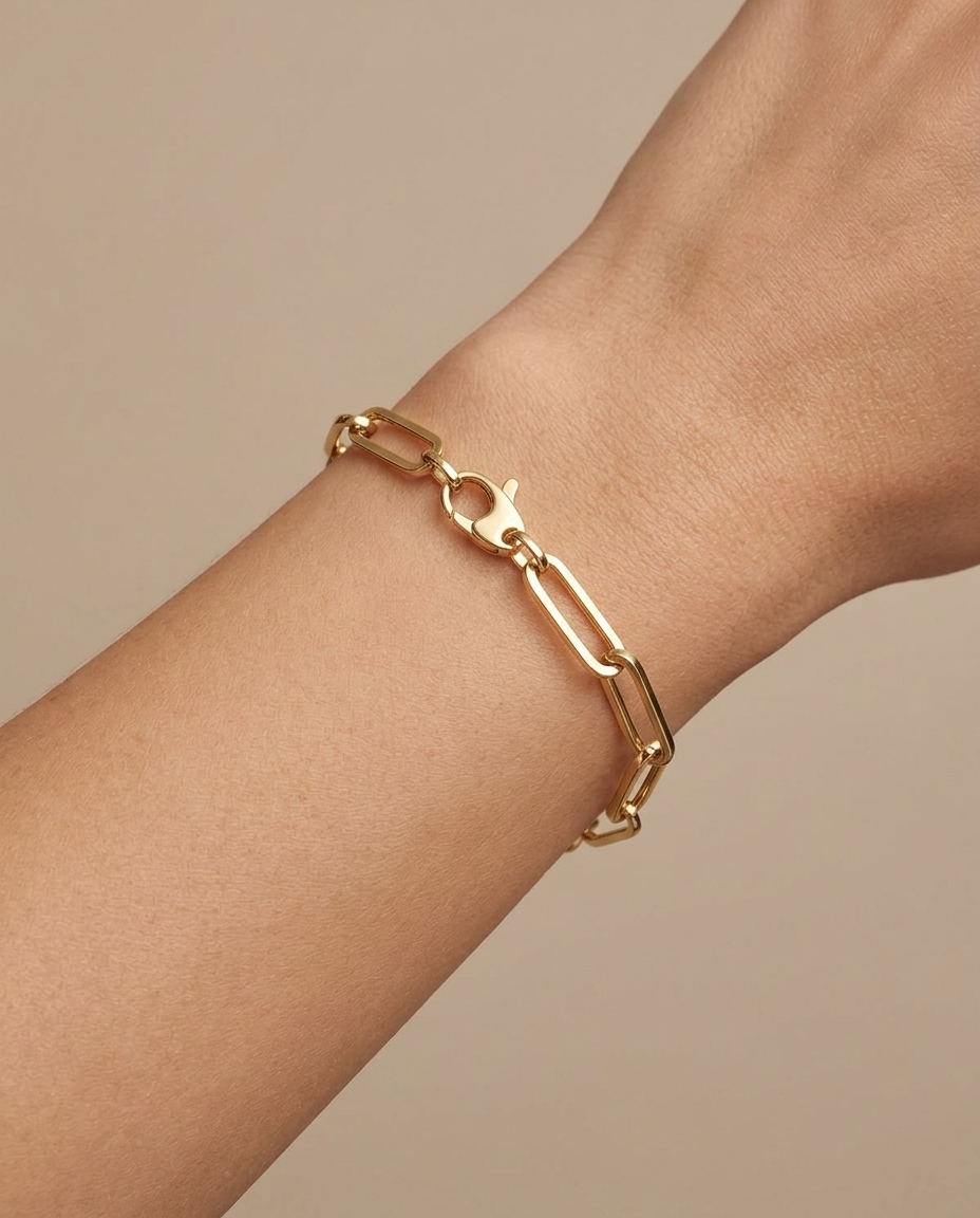 14KT Gold Paperclip Bracelet on model
