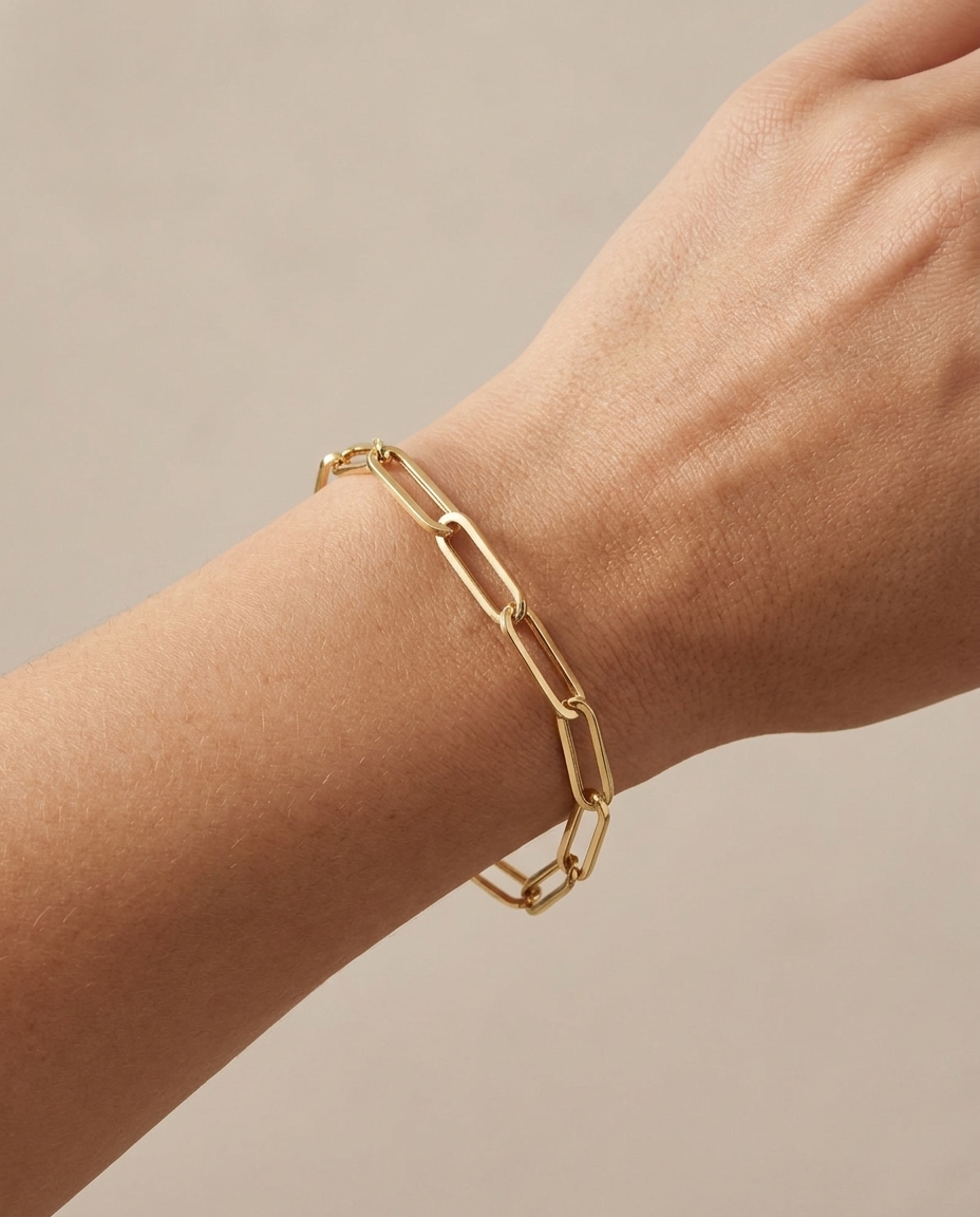 14KT Gold Paperclip Bracelet on model