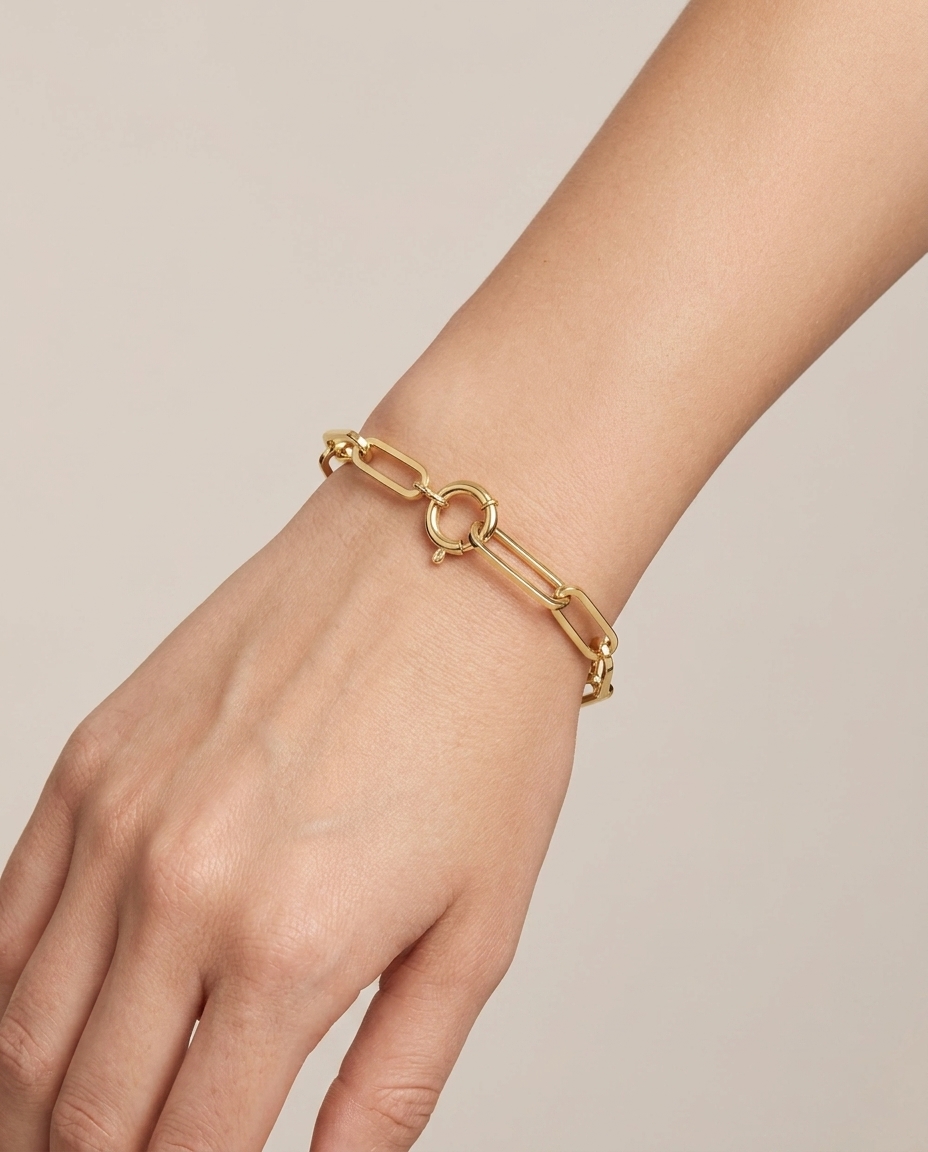 14KT Gold Paperclip Bracelet on model