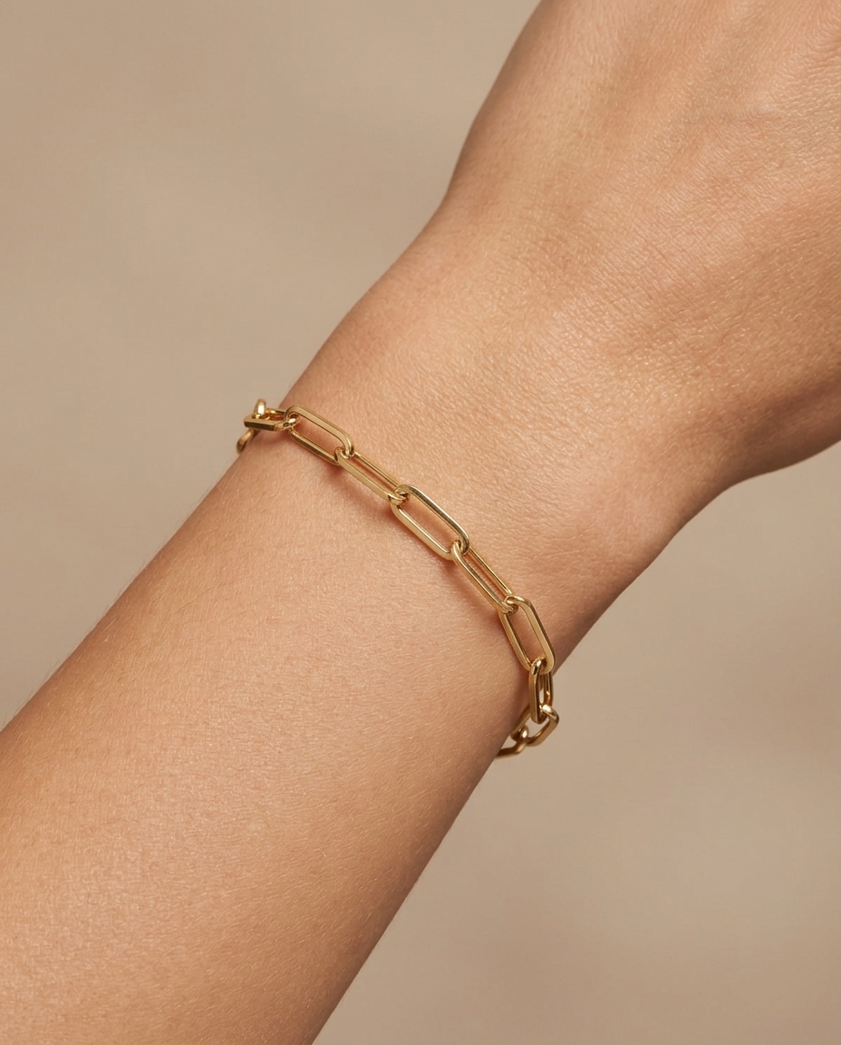 14KT Gold Paperclip Bracelet on model