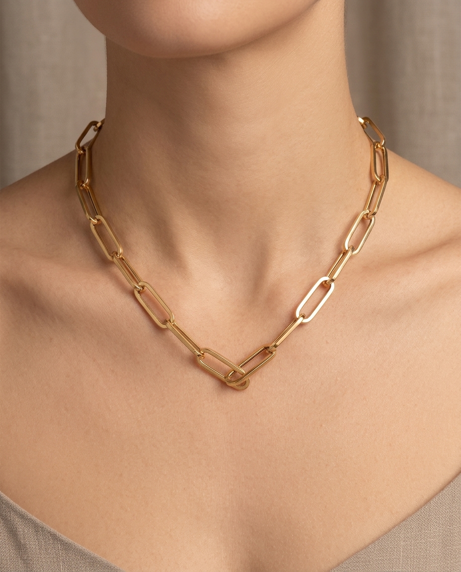14KT Gold Paperclip Necklace on model