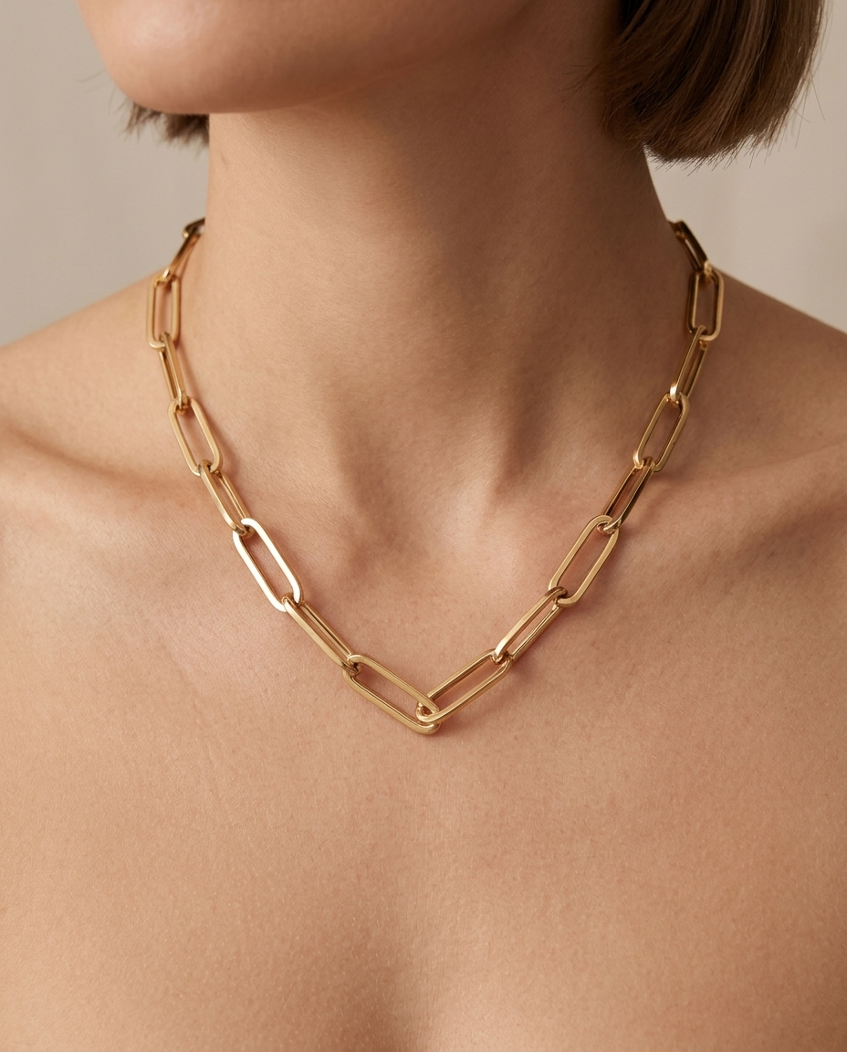 14KT Gold Paperclip Necklace on model