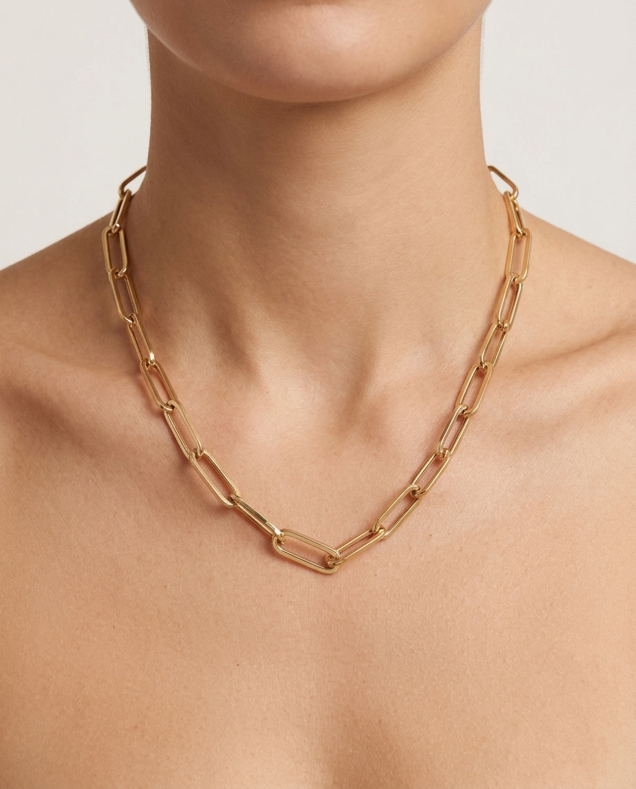 14KT Gold Paperclip Necklace on model