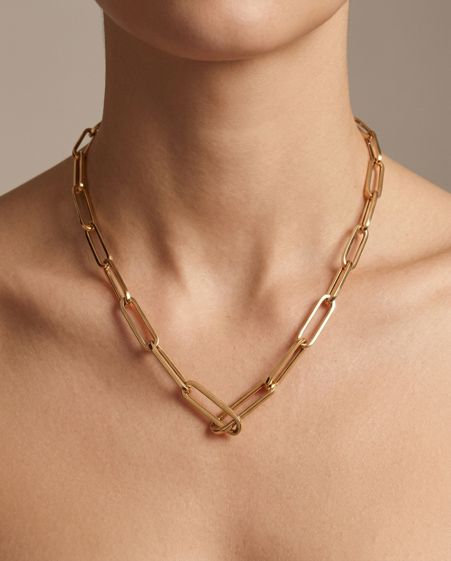 14KT Gold Paperclip Necklace on model
