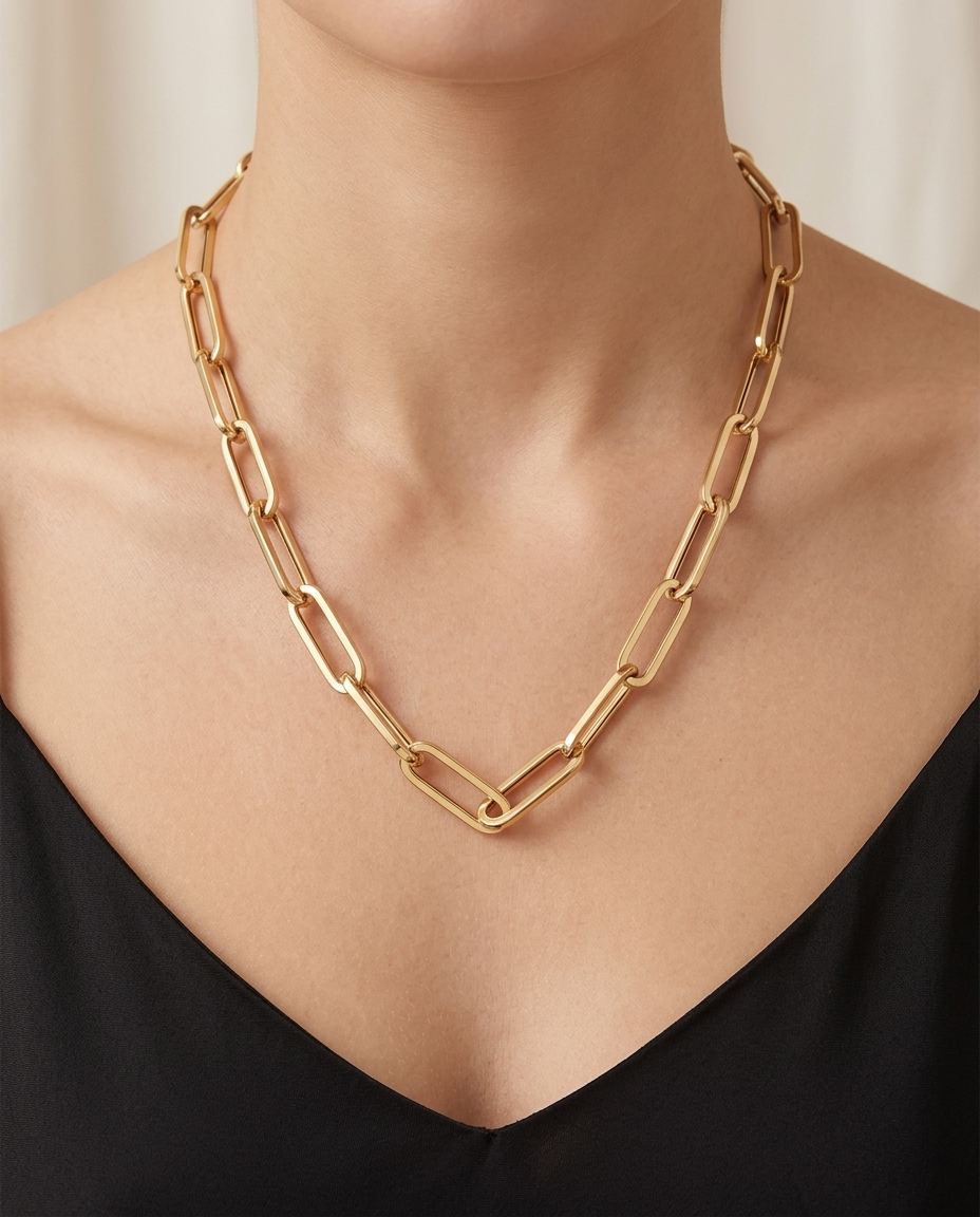 14KT Gold Paperclip Necklace on model