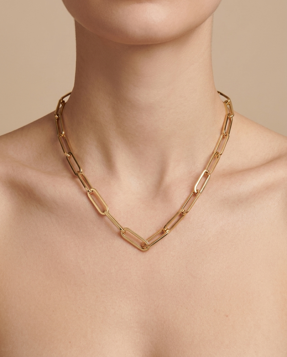 14KT Gold Paperclip Necklace on model