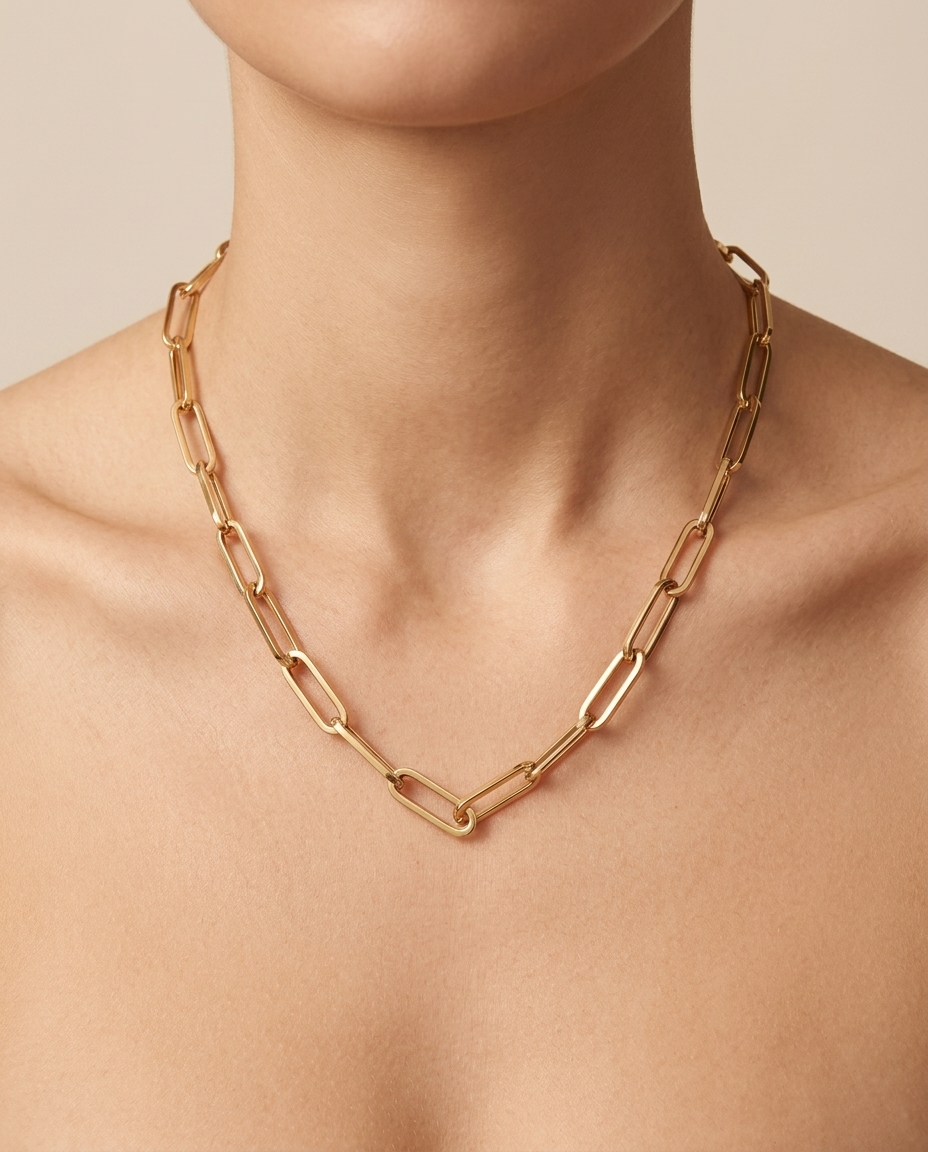 14KT Gold Paperclip Necklace on model