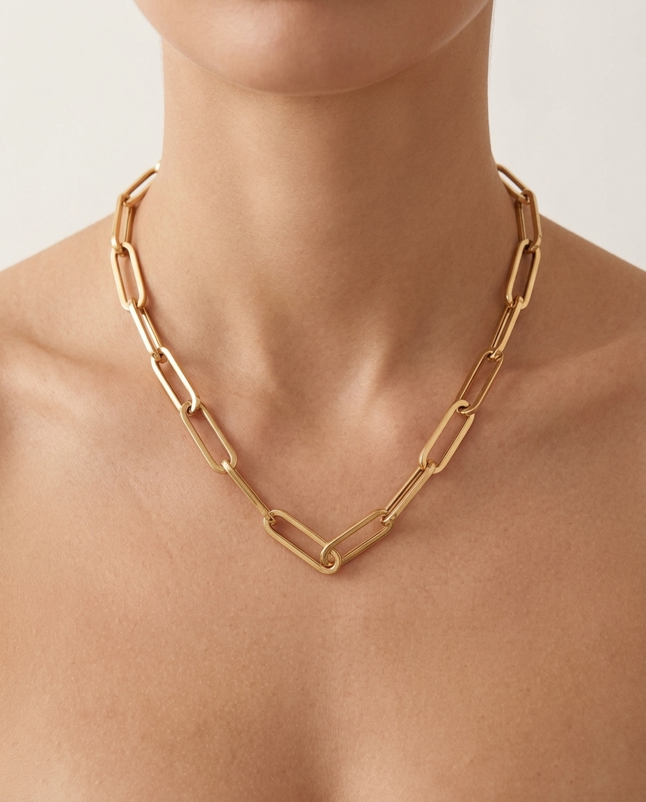 14KT Gold Paperclip Necklace on model