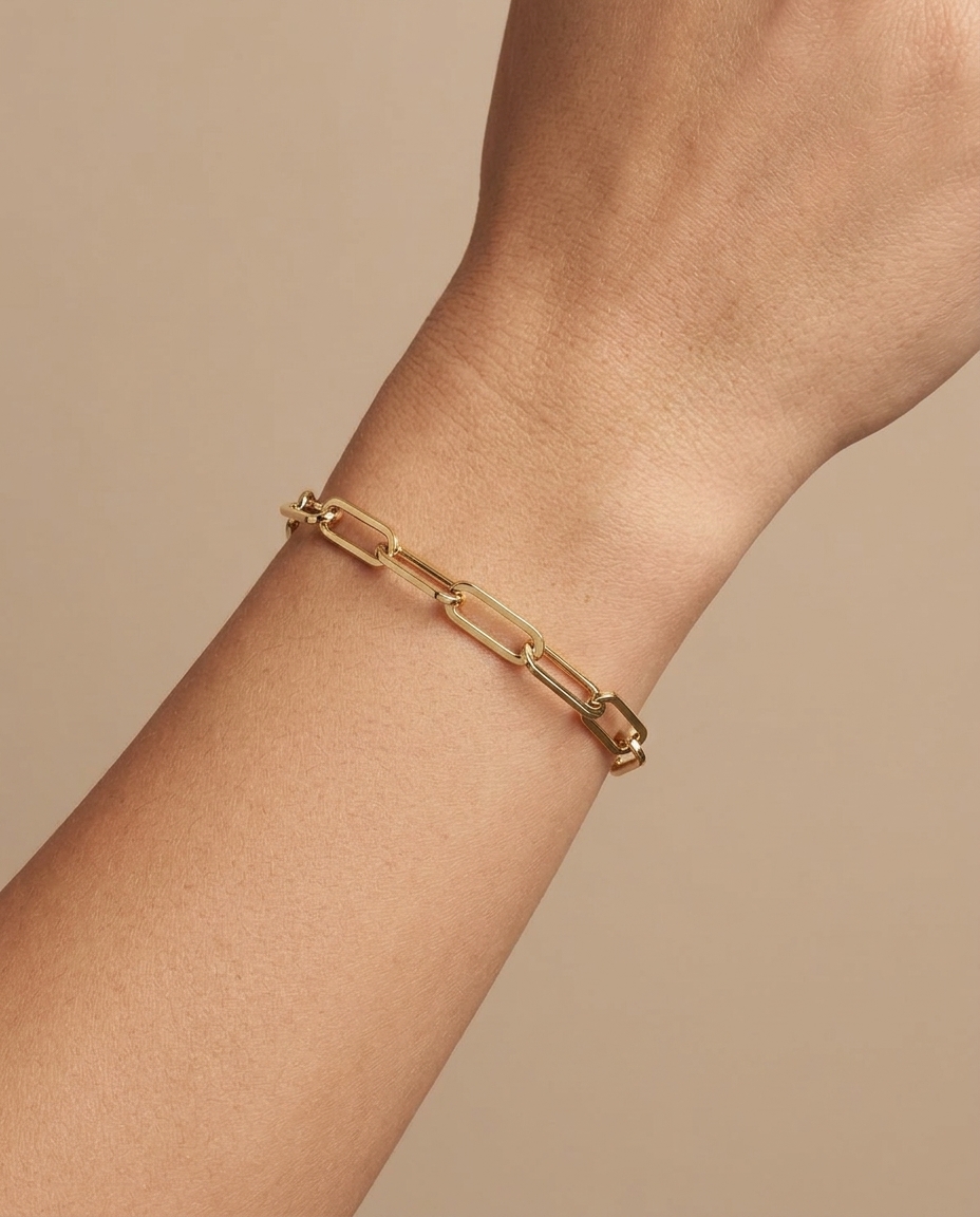 14KT Gold Paperclip Braclet on model
