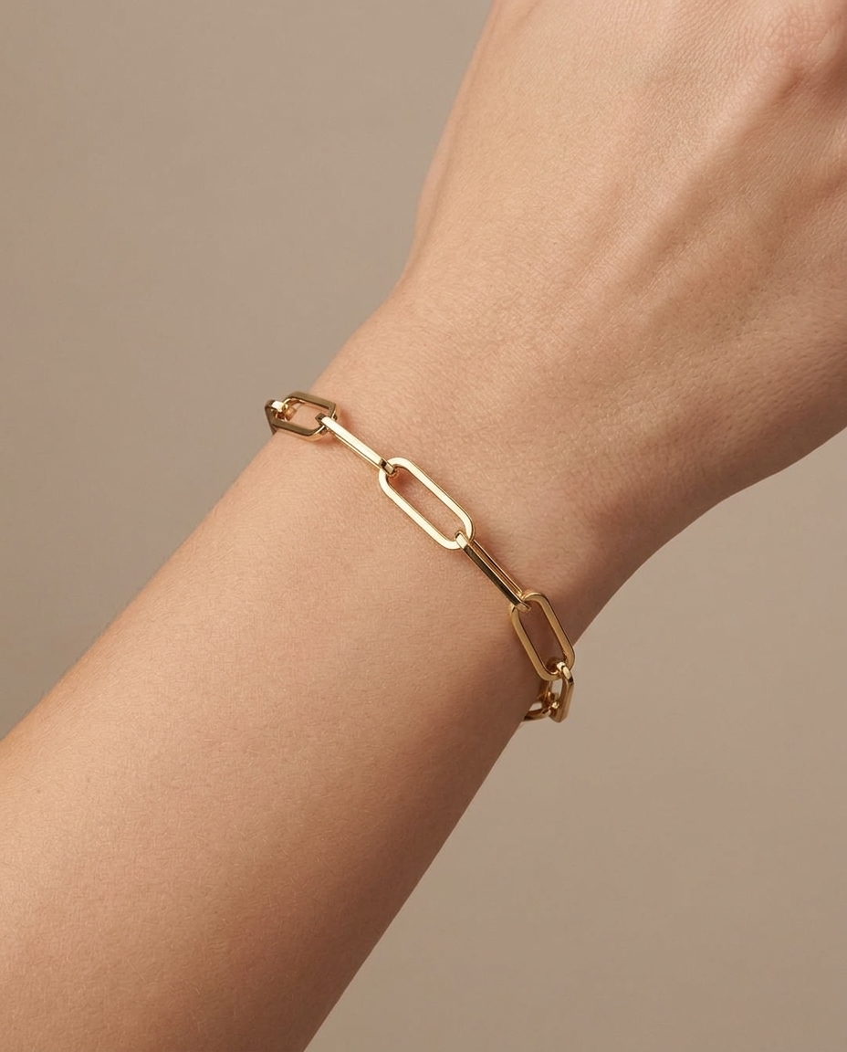 14KT Yellow Gold Paperclip Braclet on model