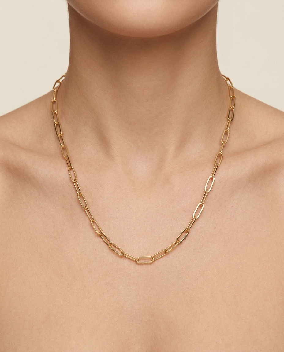 14KT Yellow Gold Paperclip Necklace on model