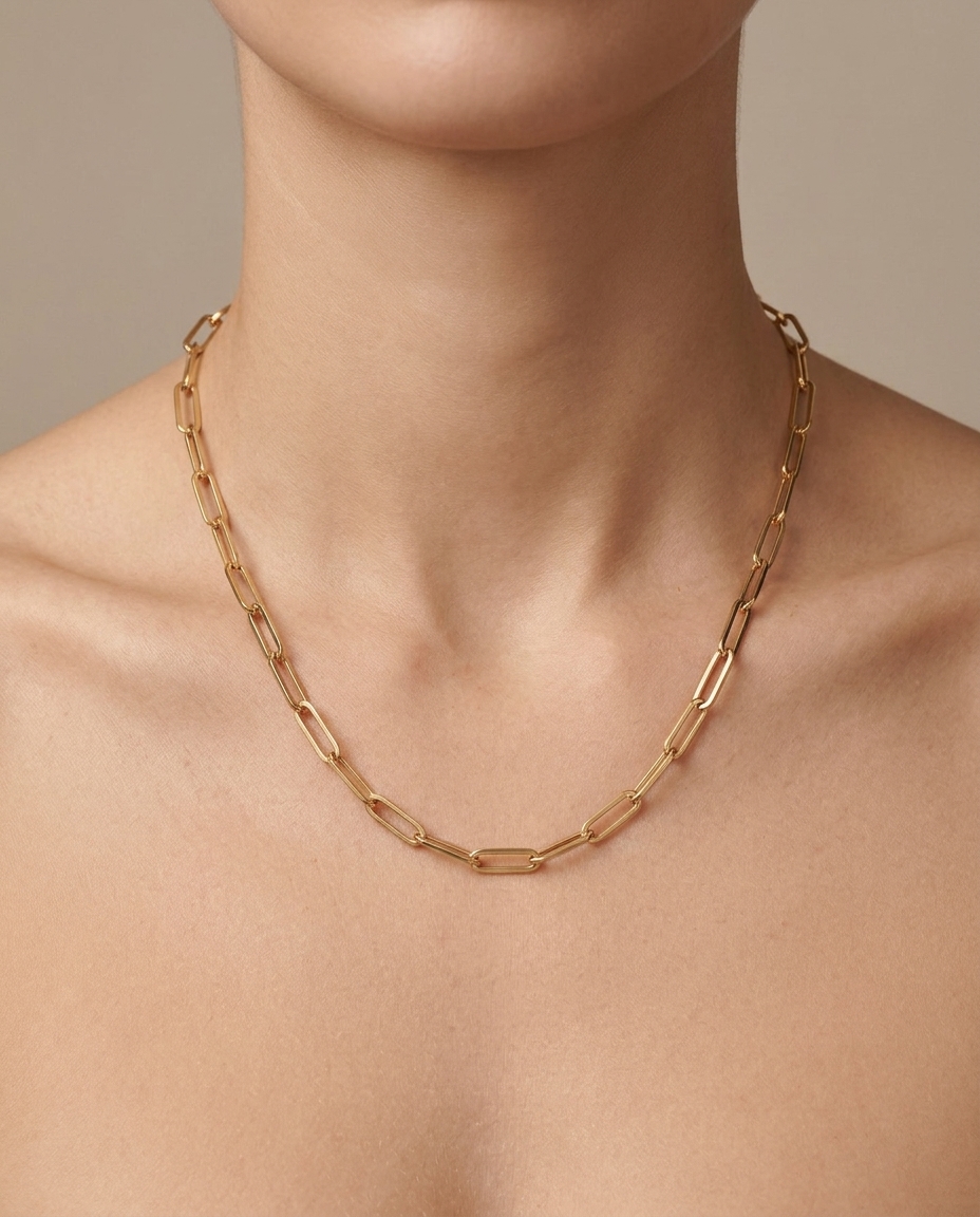 14KT Yellow Gold Paperclip Necklace on model
