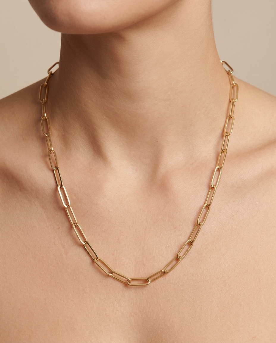 14KT Yellow Gold Paperclip Necklace on model