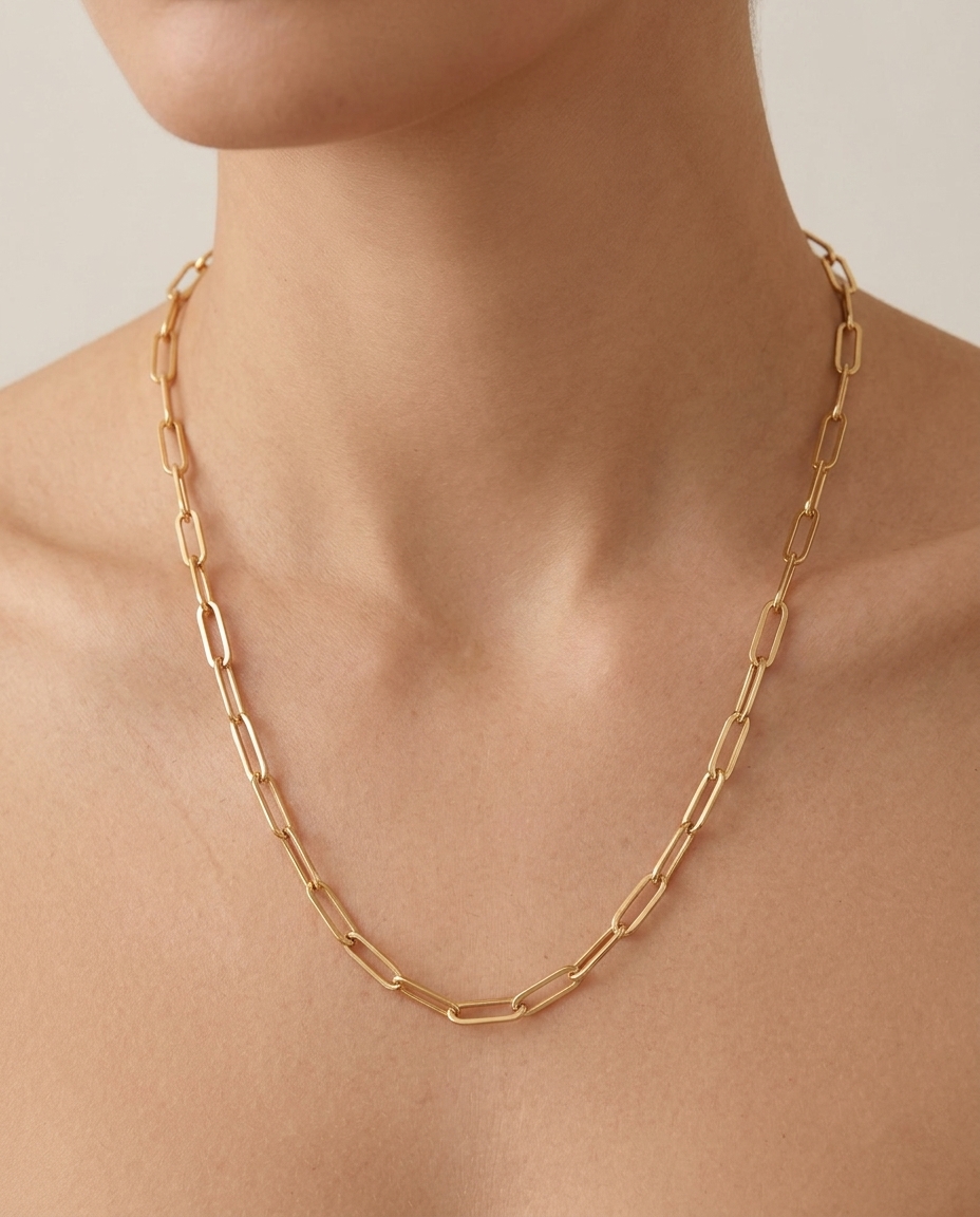 14KT Yellow Gold Paperclip Necklace on model