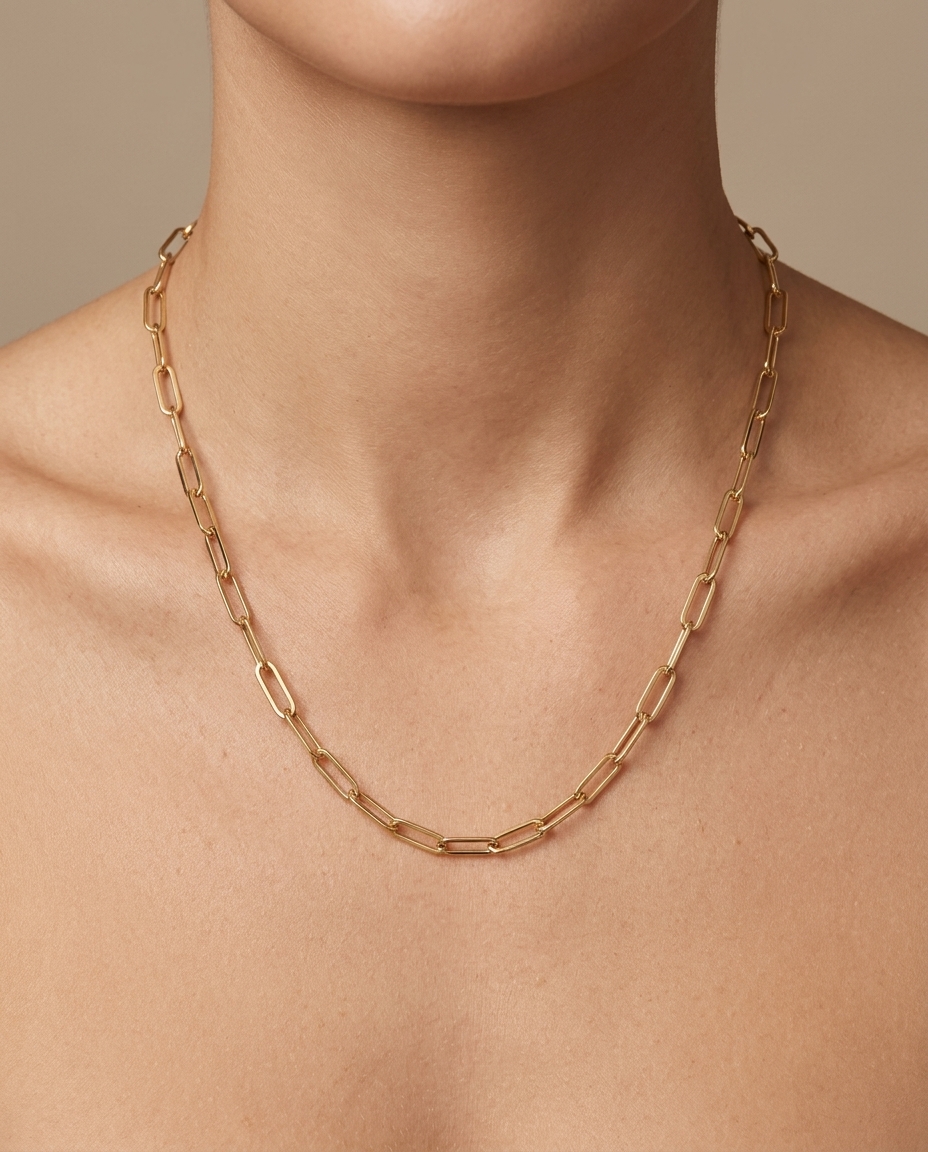 14KT Yellow Gold Paperclip Necklace on model
