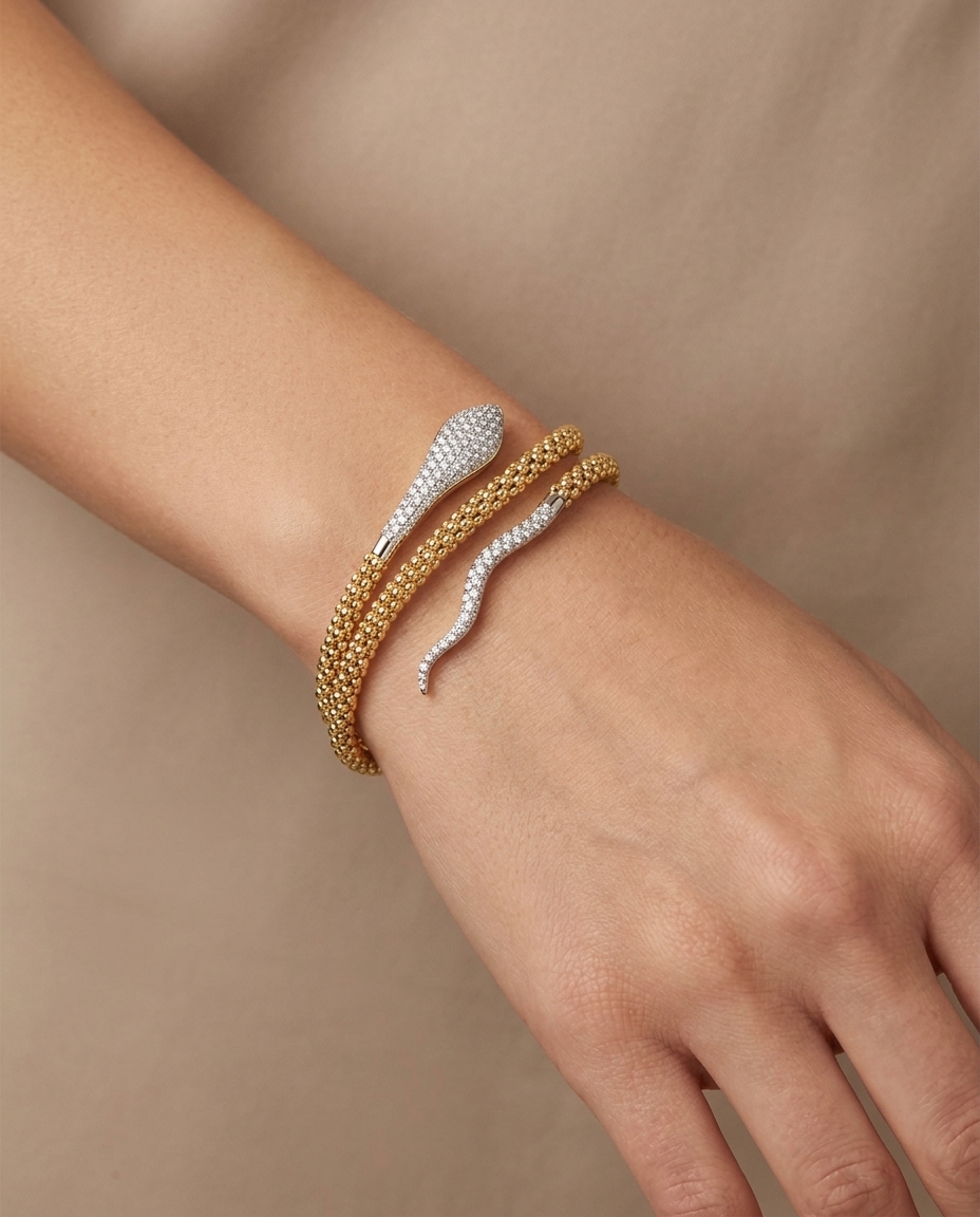 14KT Italian Yellow Gold Diamond Snake Flexible Bangle on model