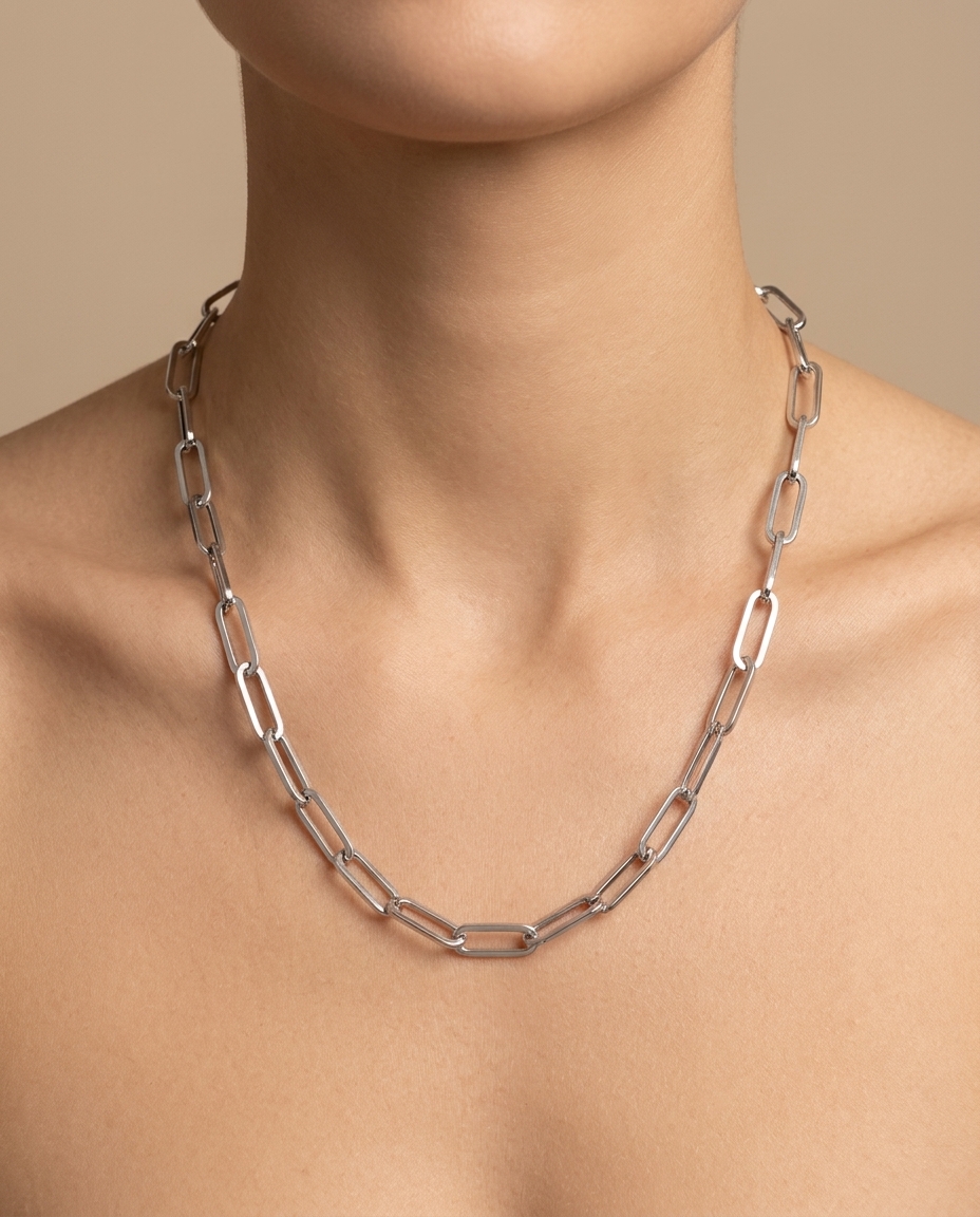 14KT White Gold Paperclip Necklace on model