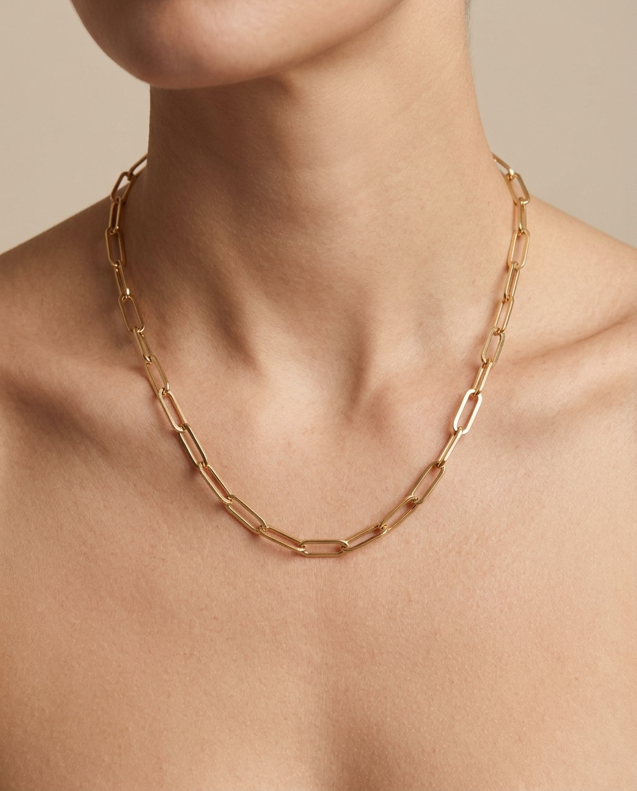 14KT Yellow Gold Paperclip Necklace on model