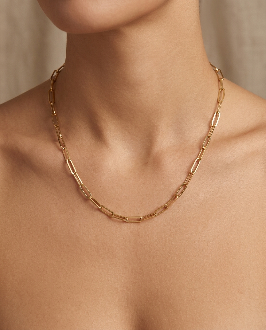 14KT Yellow Gold Paperclip Necklace on model