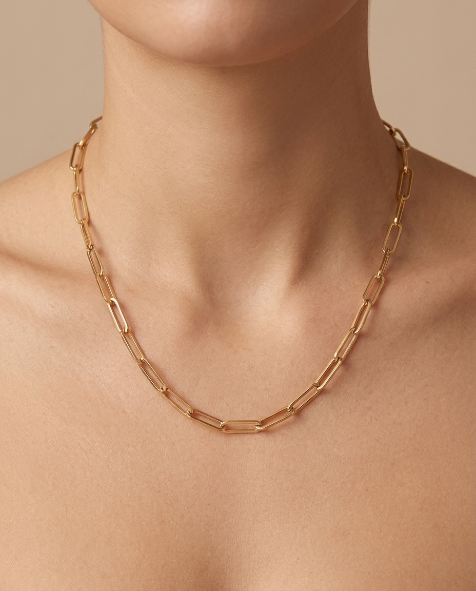 14KT Yellow Gold Paperclip Necklace on model