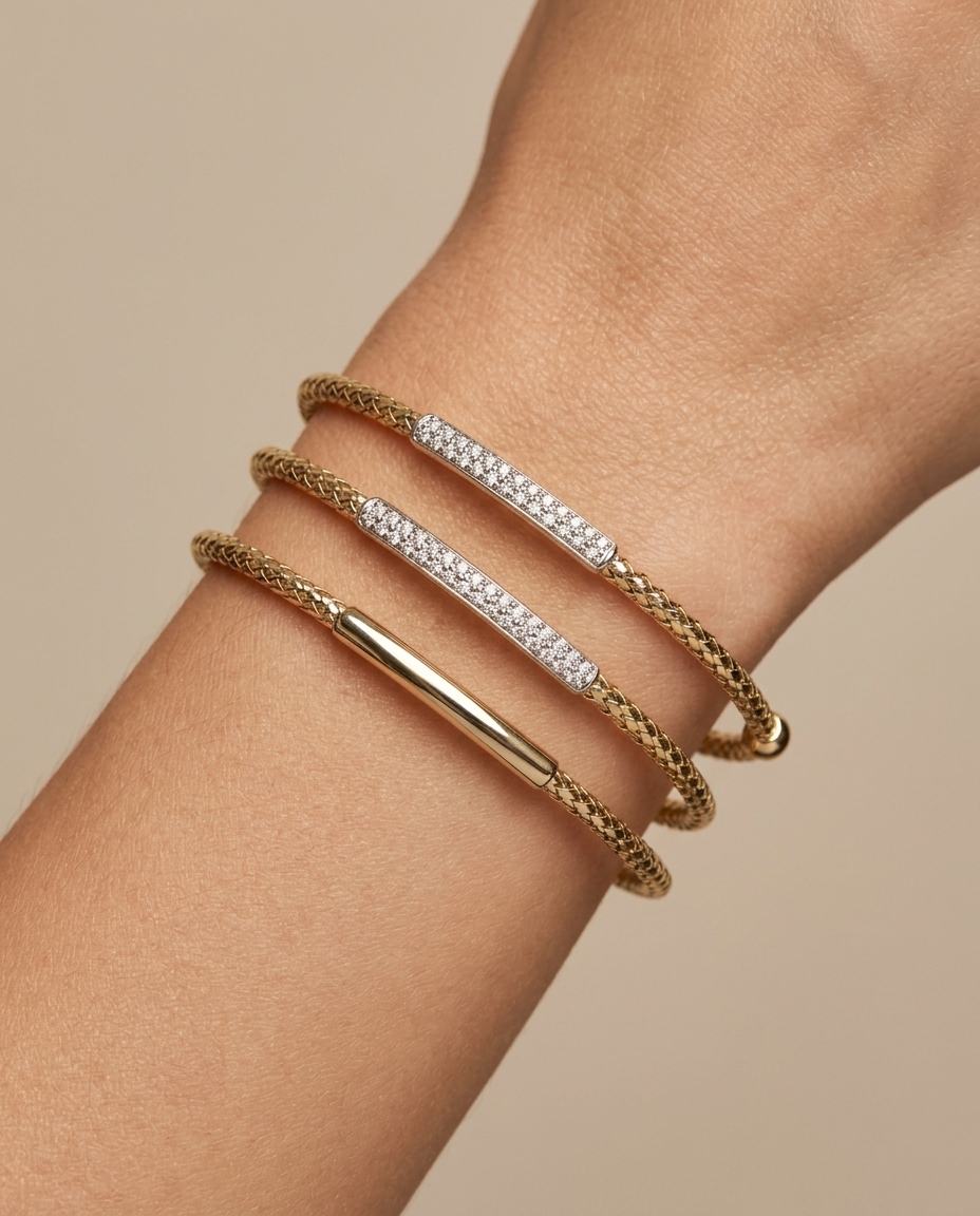 14KT Italian Yellow Gold Diamond Flexible Bangle on model