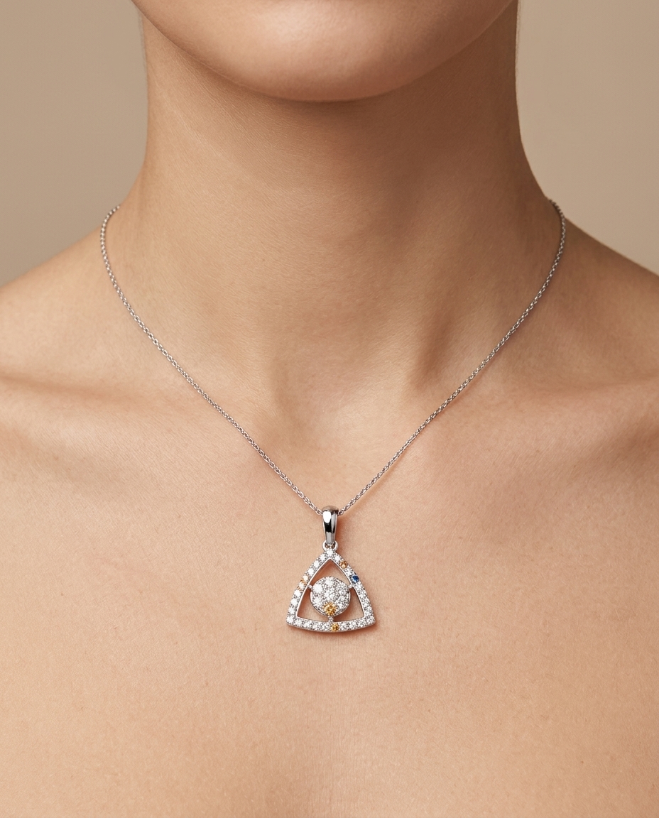 14KT White Gold Halo Triangle Pendant on model