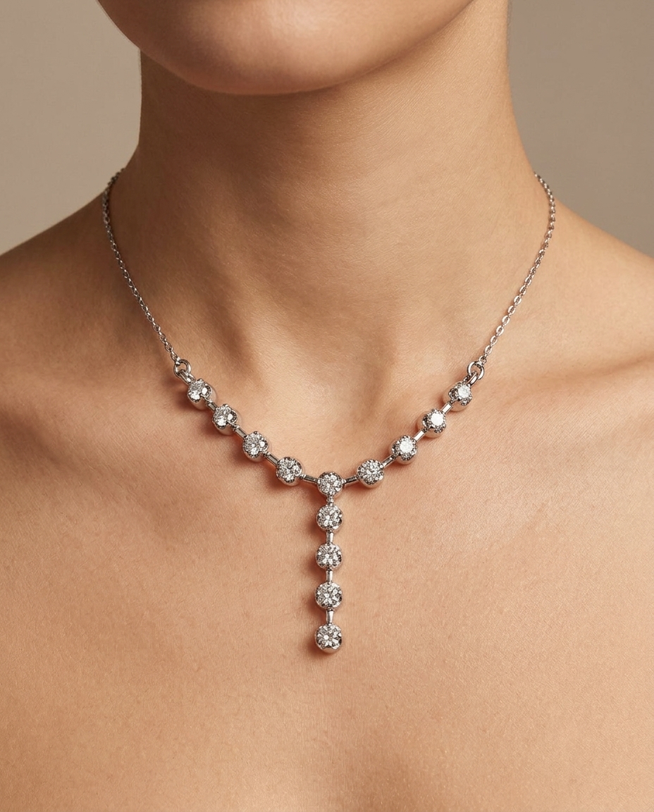 14KT White Gold Diamond Y Necklace on model