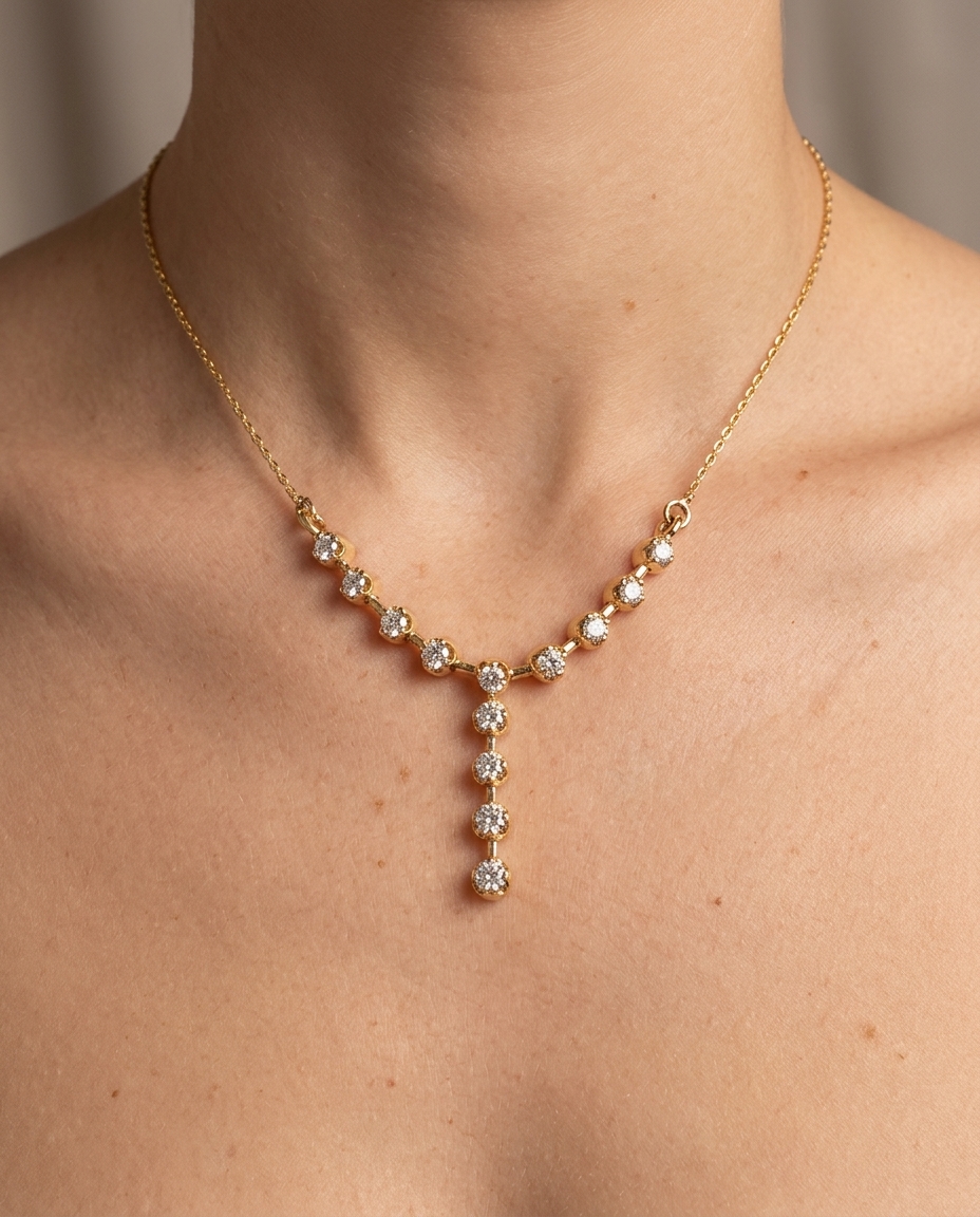 14KT Yellow Gold Diamond Y Necklace on model
