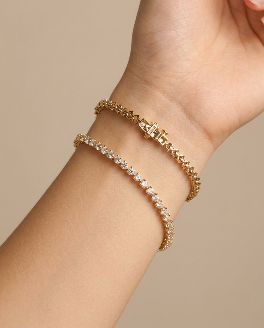 14KT Gold Diamond Tennis Bracelet on model
