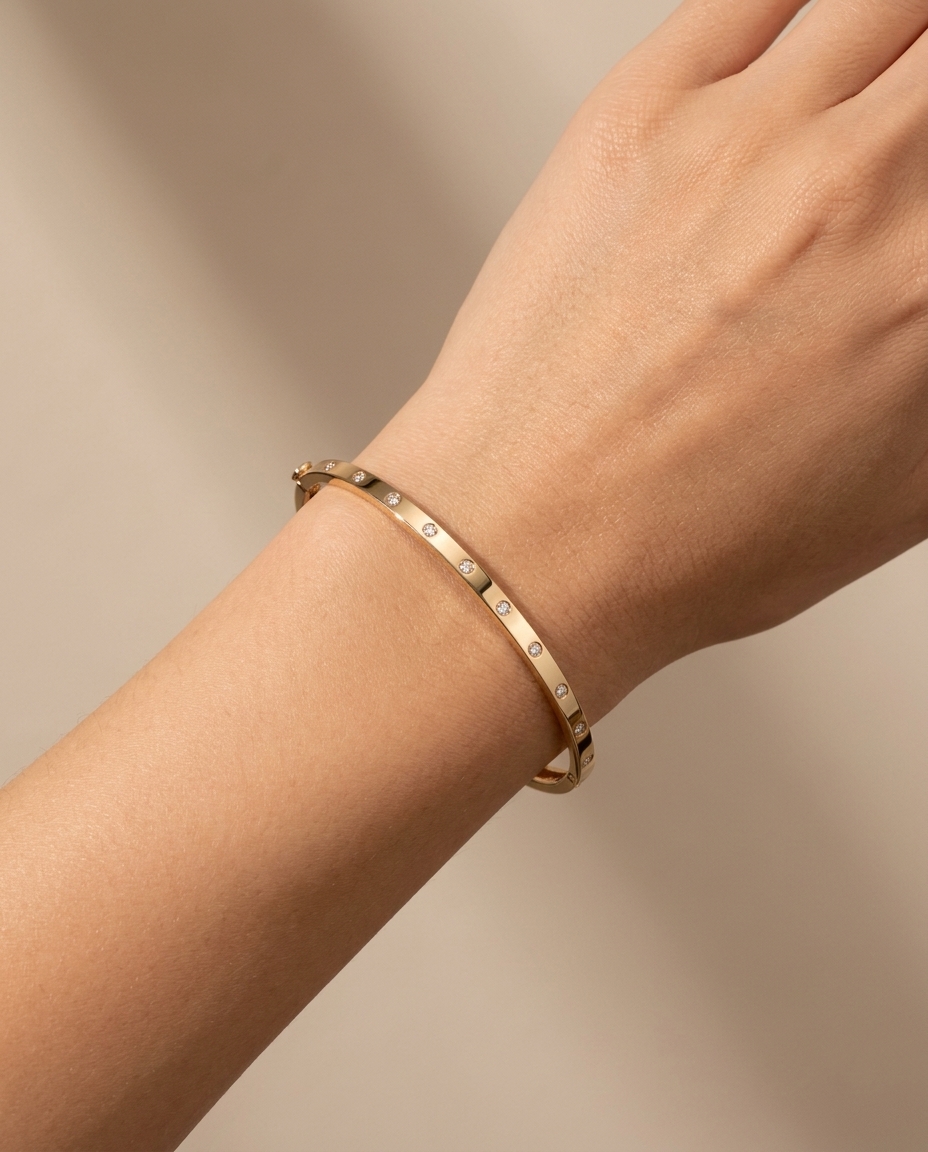 14KT Yellow Gold Diamond Bangle on model