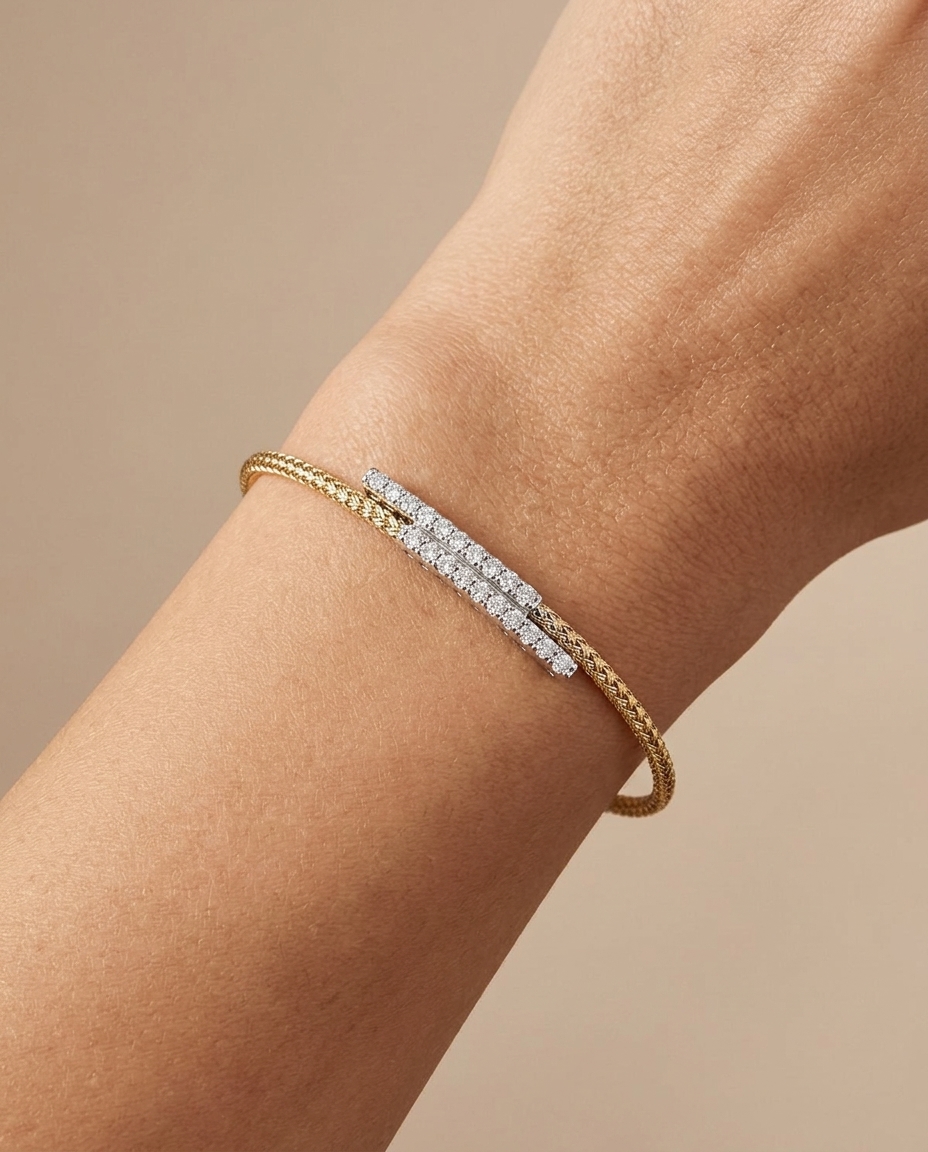 14KT Italian Yellow Gold Diamond Flexible Bangle on model