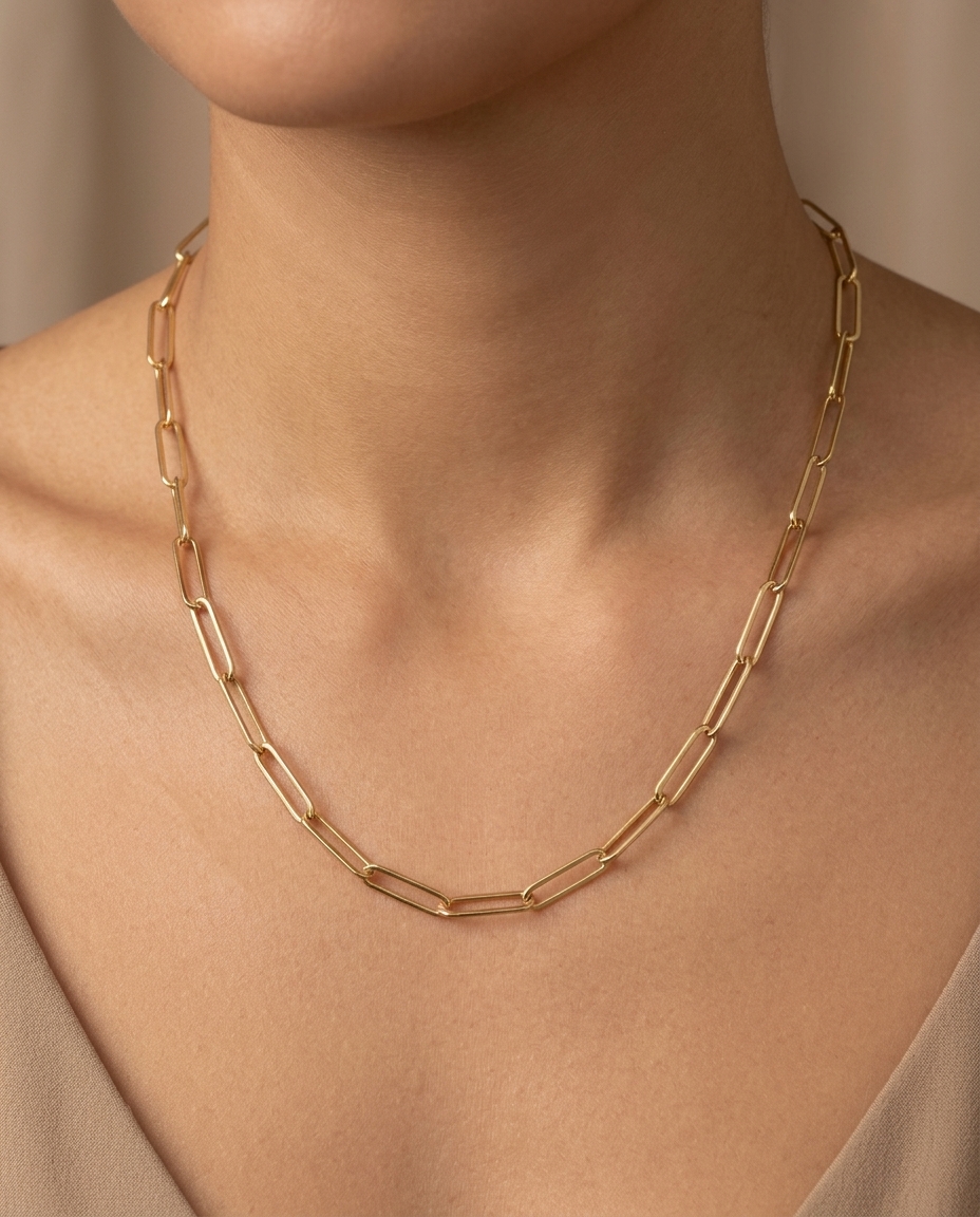 14KT Gold Flat Paperclip Chain Necklace on model