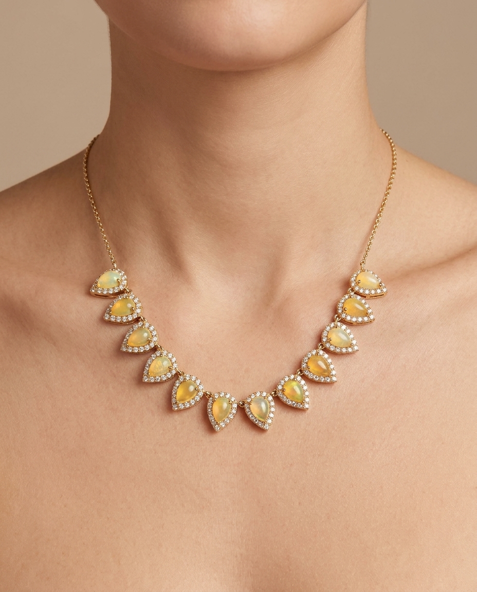 Diamond/Opal Pear Shape Neckalce on model