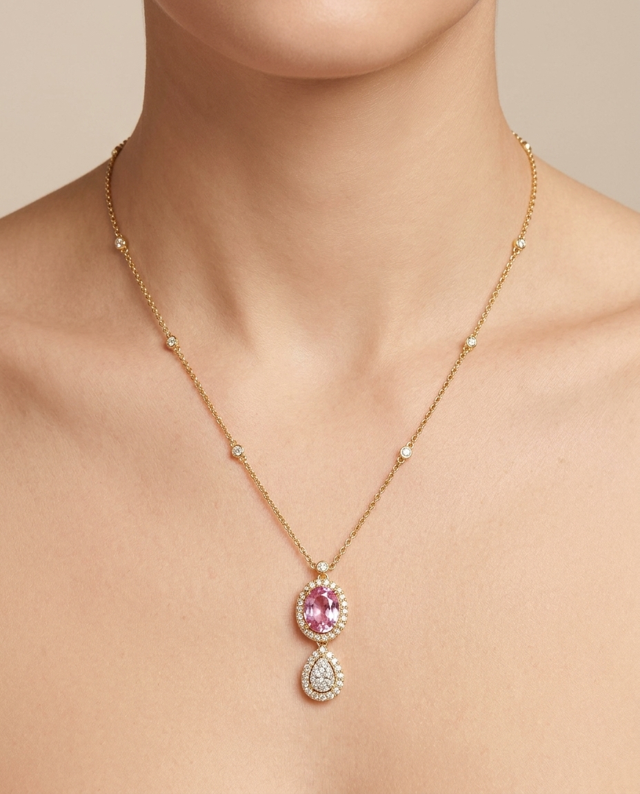 Diamond/Pink Sapphire Rose Cut Necklace on model