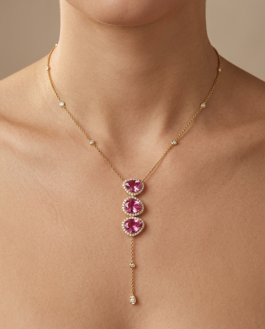 Diamond/Pink Sapphire Rose Cut Necklace on model