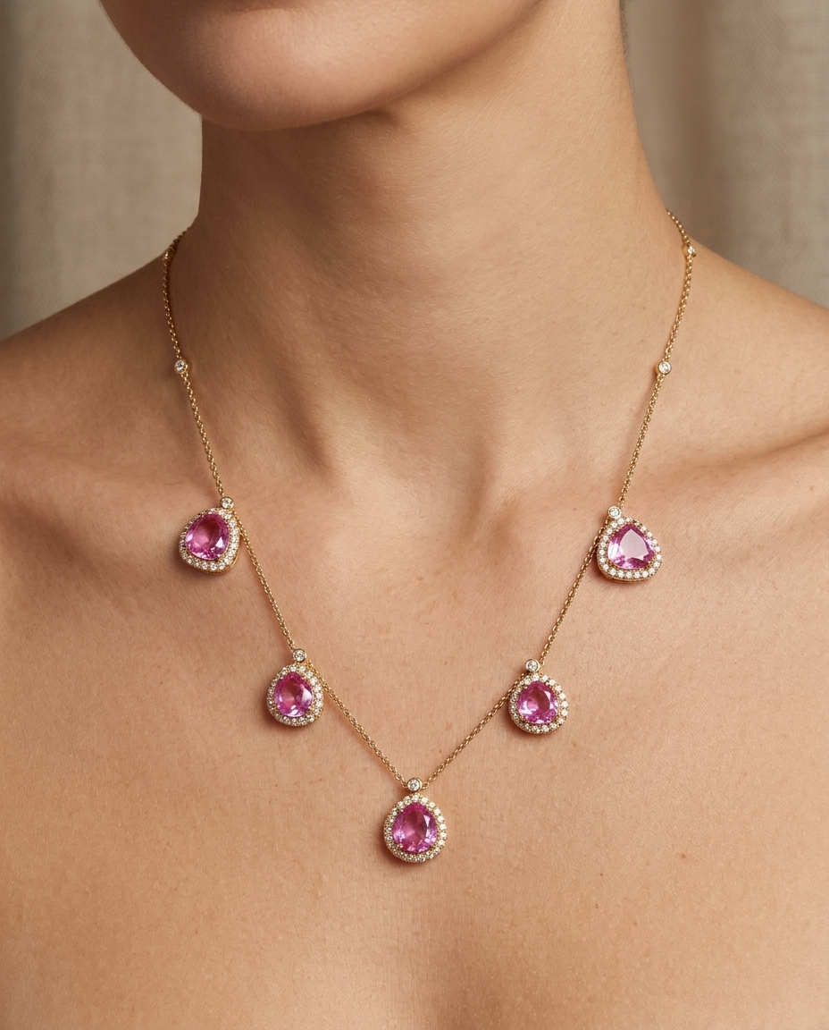 Diamond/Pink Sapphire Rose Cut Necklace on model