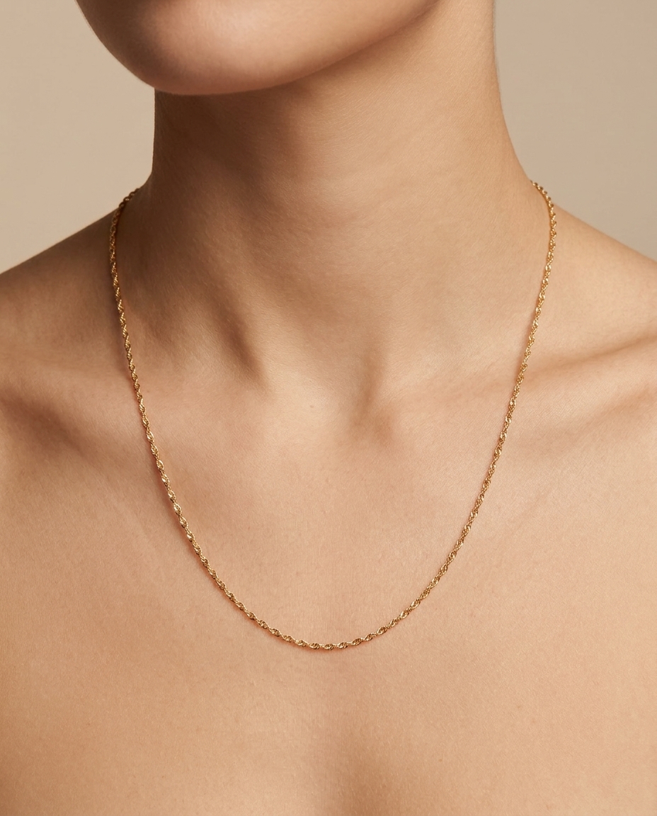 14KT Gold Flat Paperclip Necklace on model